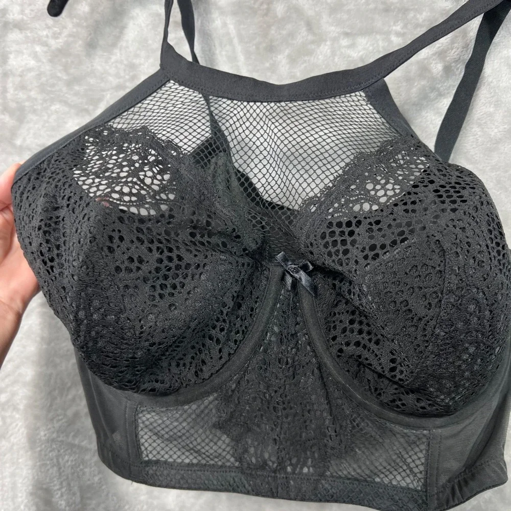 Cacique Bra 42DDD Lightly Lined French Balconette‎ Black Underwire Mesh Romantic